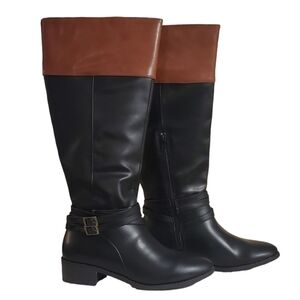 SO Riding Boots Womens 7.5M Faux Leather Knee High Black Brown Wide Calf